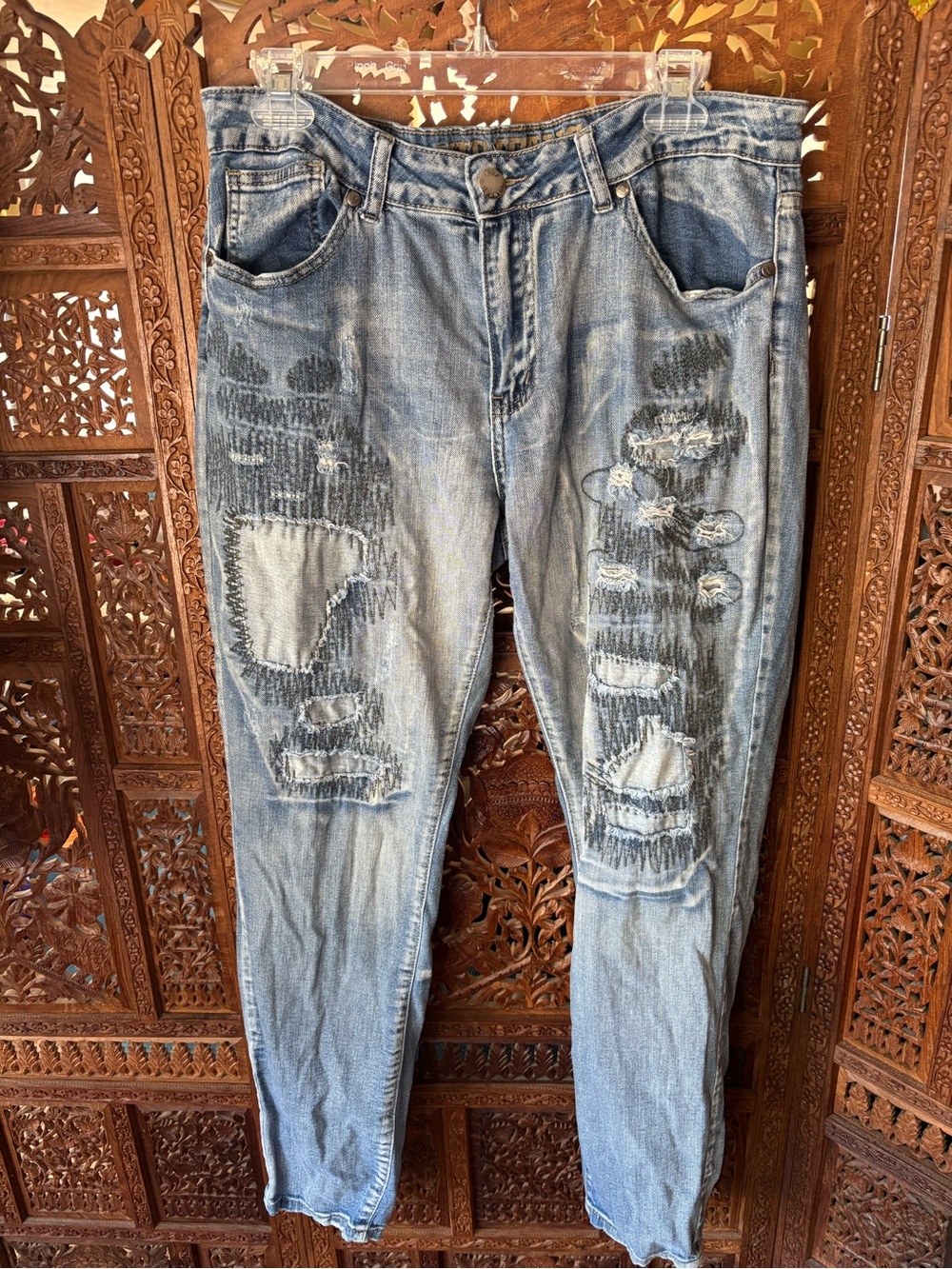 VIP Women's Light Blue Distressed Straight Leg Jeans
